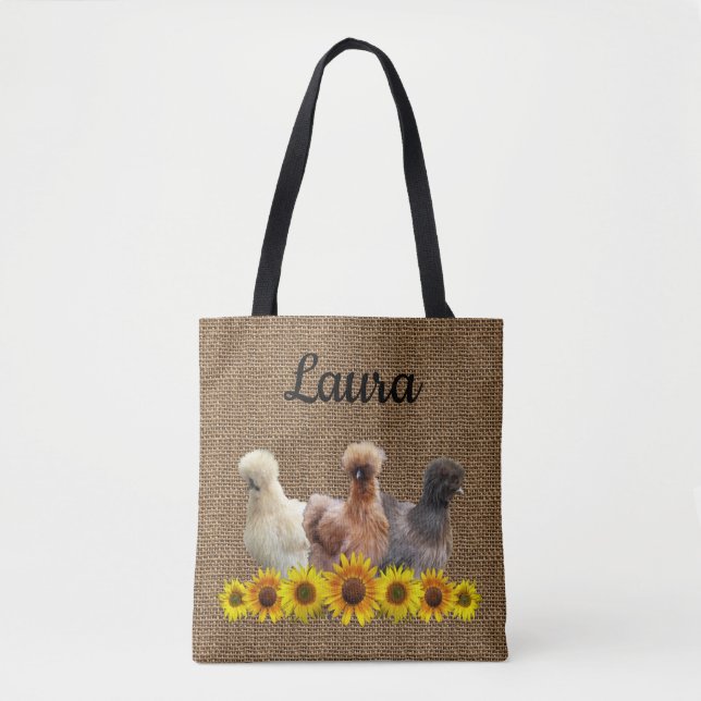 Bolso De Tela Tote de pollo tu nombre Silkies Sunflowers Burlap (Anverso)