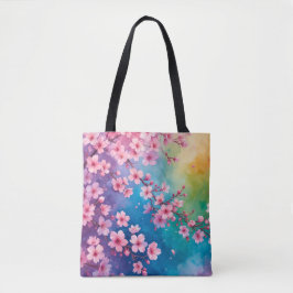Bolso De Tela Tote del cielo arcoiris con flores de cerezo