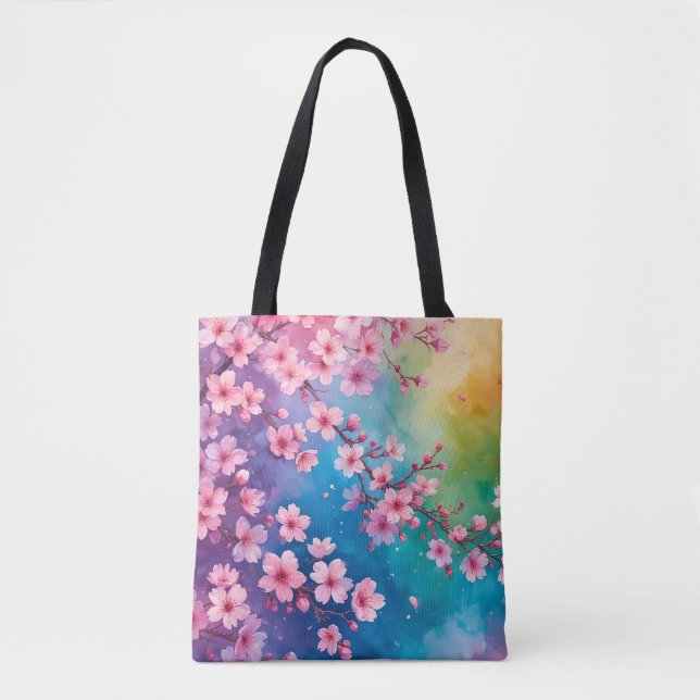 Bolso De Tela Tote del cielo arcoiris con flores de cerezo (Anverso)