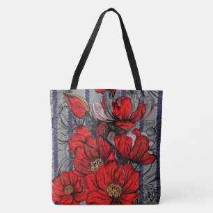 Bolso De Tela Tote del diseñador de moda Blue Gray Floral Red