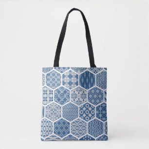 Bolso De Tela Tote del patrón hexagonal en azul y gris