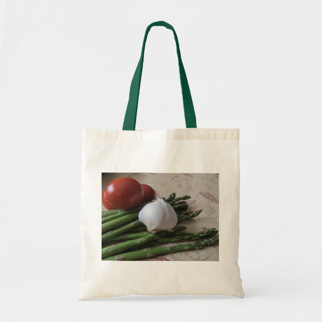 Bolso De Tela Tote del presupuesto--Espárrago, ajo y tomates (Frente)