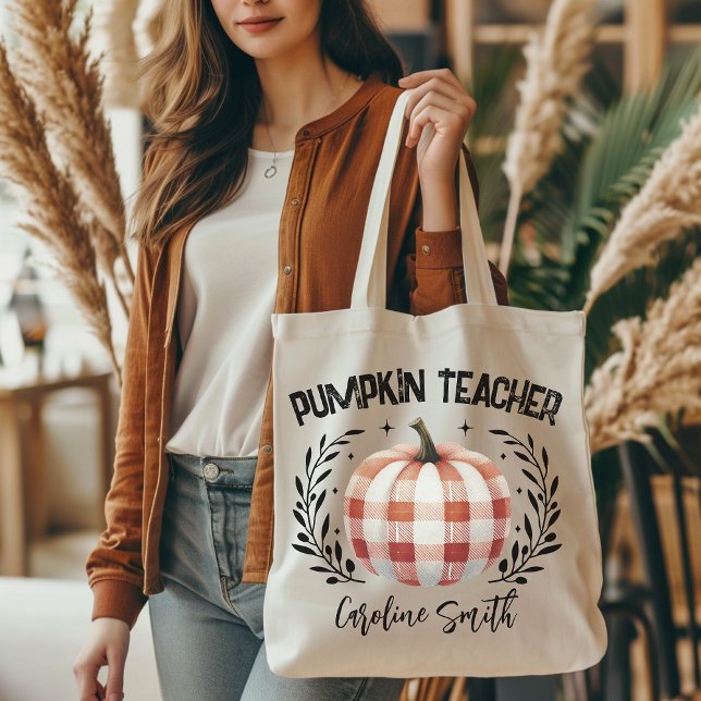 Bolso De Tela Tote del profesor de calabaza a cuadros, otoño (personalized tote bag, checkered pumpkin tote, Halloween vibes, Halloween tote bag, teacher gift, )