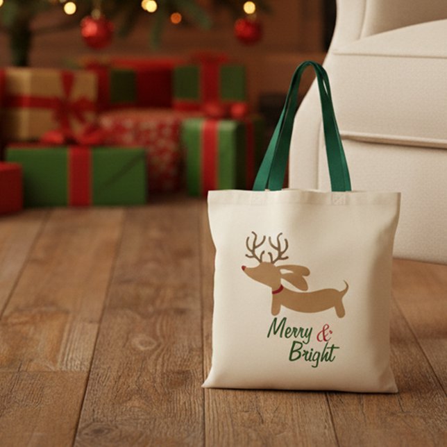 Bolso De Tela Tote feliz y brillante del Dachshund del reno del (Merry & Bright Dachshund Christmas tote bag for gifting)