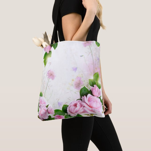 Bolso De Tela Tote femenino de rosas rosadas románticas (Detalle)