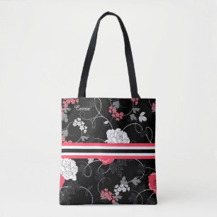 Bolso De Tela Tote floral rosa y negro