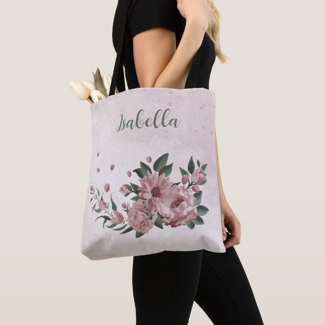 Bolso De Tela Tote flores rosadas románticas y hojas verdes (Detalle)