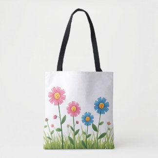 Bolso De Tela Tote -Flower Design with smiley face