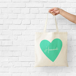 Bolso De Tela Tote Girly Green Heart con nombre