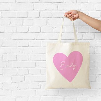 Bolso De Tela Tote Girly Pink Heart con Nombre