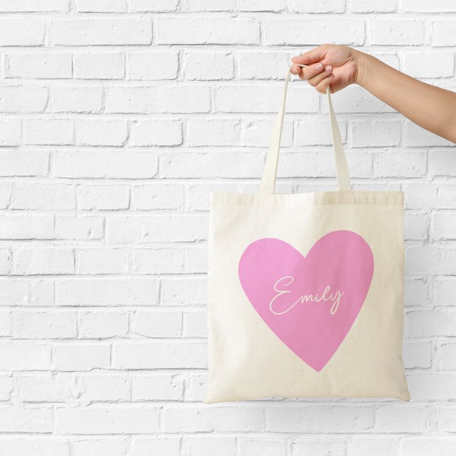 Bolso De Tela Tote Girly Pink Heart con Nombre (Subido por el creador)
