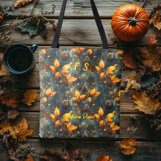 Bolso De Tela Tote Golden Pines con hojas de otoño y pinecona