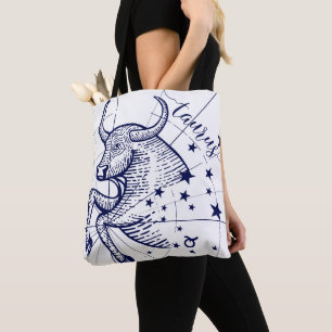 Bolso De Tela Tote gráfico monocromo Taurus Zodiac Navy y Gold