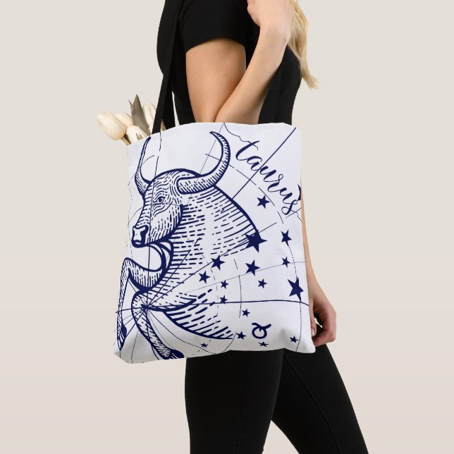 Bolso De Tela Tote gráfico monocromo Taurus Zodiac Navy y Gold (Detalle)