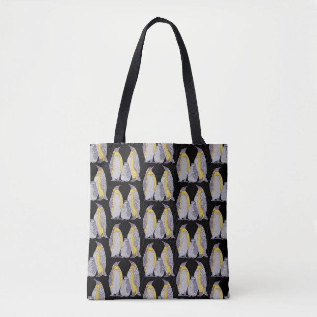 Bolso De Tela Tote integral - Familia de pingüinos (negro patrón (Anverso)