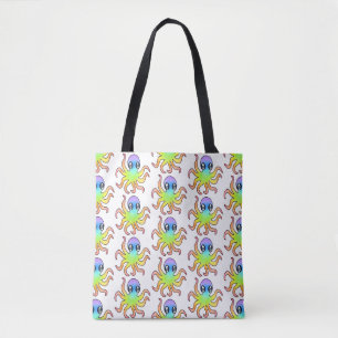 Bolso De Tela Tote integral - Octopus arcoiris (patrón blanco)