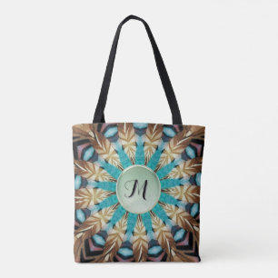 Bolso De Tela Tote Mandala azul, verde, Verde azulado y de pluma