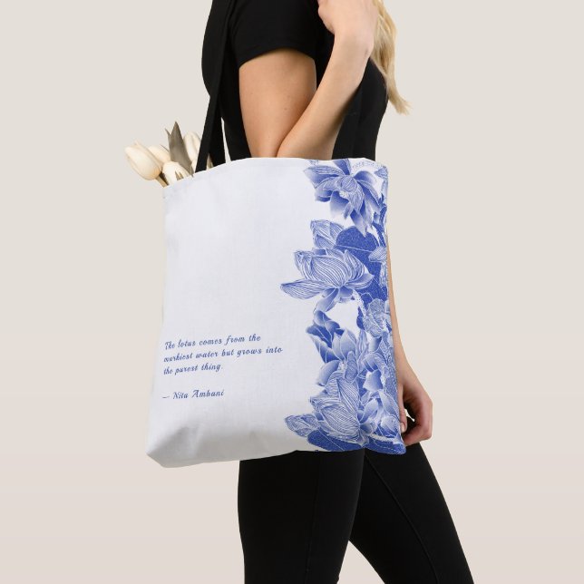 Bolso De Tela Tote moderno retro azul Lotus Mandala Zen Quote (Detalle)