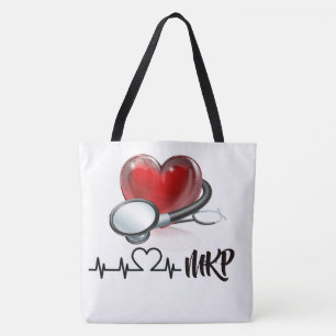 Bolso De Tela Tote monograma grande del corazón y estetioscopio