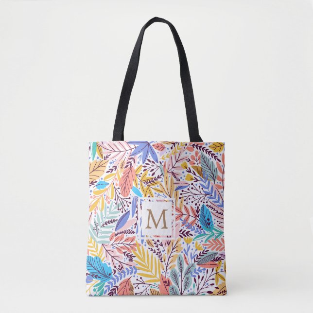 Bolso De Tela Tote Monograma naranja y amarillo floral tropical (Anverso)