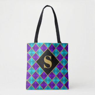 Bolso De Tela Tote Monogramado Morado Turquesa Purpurina Oro