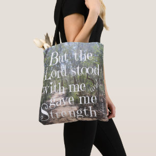 Bolso De Tela Tote natural con verso de Timothy 4:17