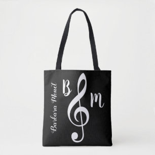 Bolso De Tela tote negro monogramado treble clef / notas musical
