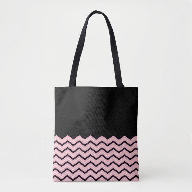 Bolso De Tela Tote negro, rosado y amarillo de Chevron (Anverso)