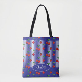 Bolso De Tela Tote nombre de cereza dulce de rayas blancas y azu