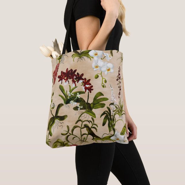 Bolso De Tela Tote - Patrón orquídeo en Beige (Detalle)