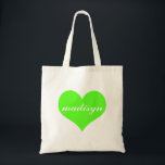 Bolso De Tela Tote personalizado corazón verde de neón del<br><div class="desc">Totes dulces y personalizados.</div>