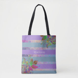 Bolso De Tela Tote personalizado de franjas y flores