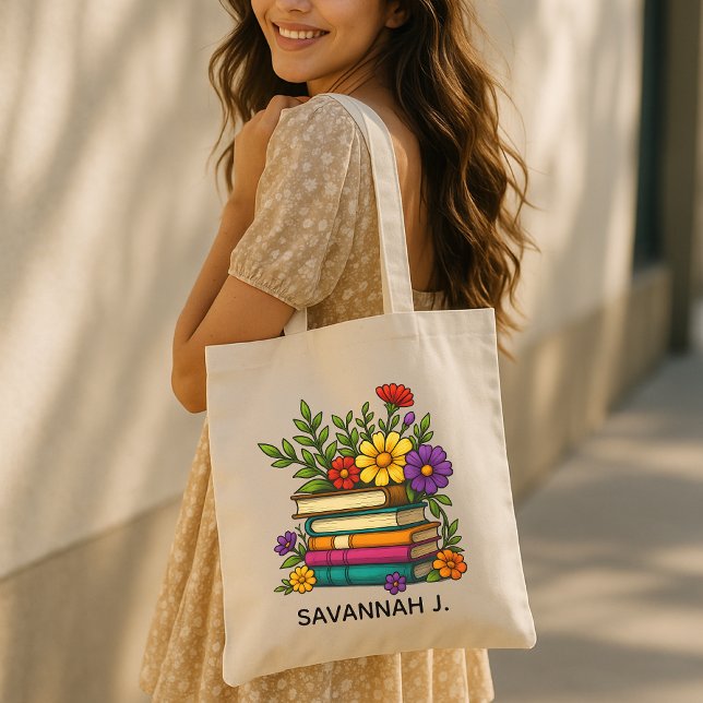 Bolso De Tela Tote personalizado para los amantes del libro, bol (personalized floral book bag, custom book tote, librarian gift, book lover gift, favorite shelf bag,)