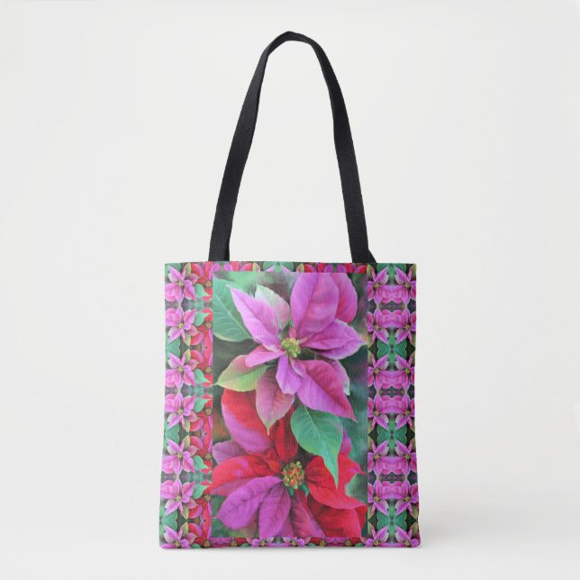 Bolso De Tela Tote - Poinsettias rosadas y rojas (Anverso)