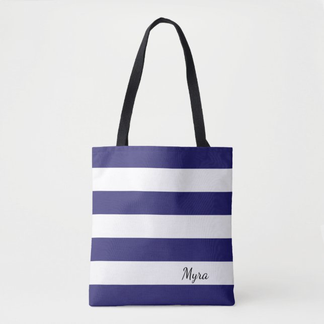 Bolso De Tela Tote rayado azul y blanco de medianoche (Anverso)