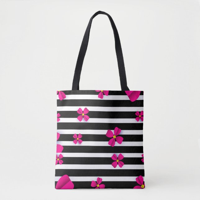 Bolso De Tela Tote rayado blanco y negro con flores rosadas (Anverso)