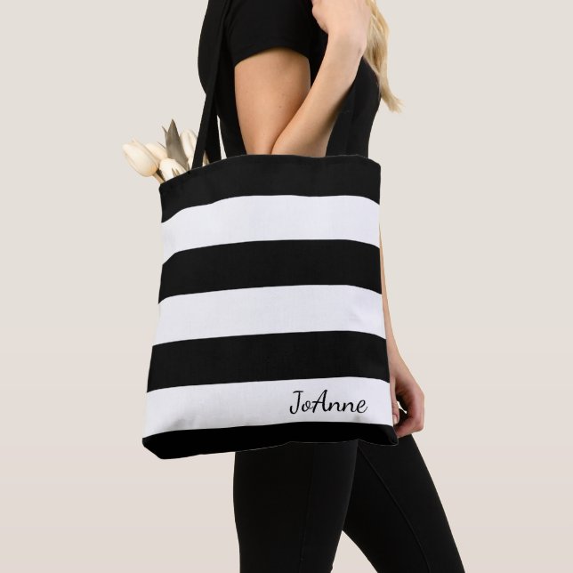 Bolso De Tela Tote rayado blanco y negro personalizado (Detalle)