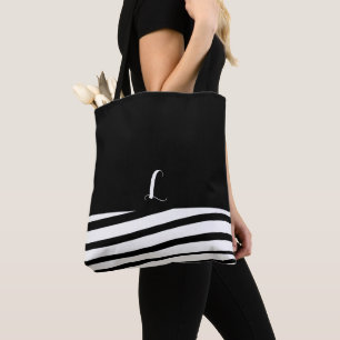 Bolso De Tela Tote rayado de monograma Minimalista negro y blanc