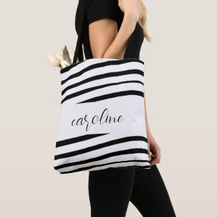Bolso De Tela Tote rayado de monograma Minimalista negro y blanc