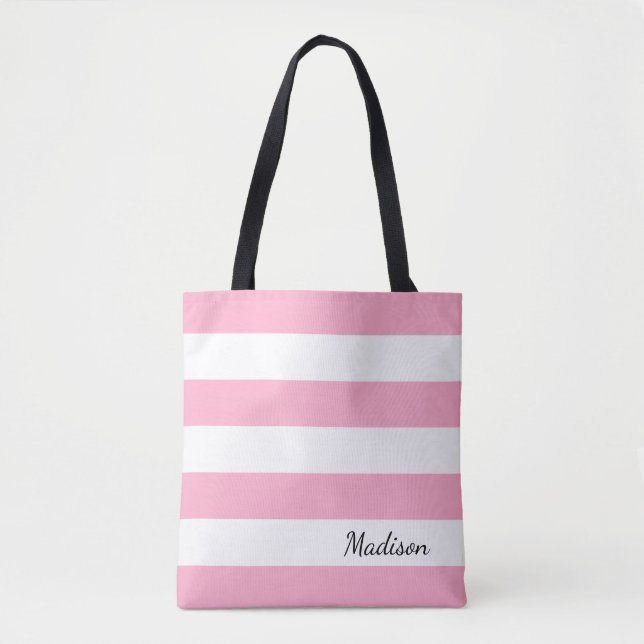 Bolso De Tela Tote rayado personalizado del rosa y blanco (Anverso)