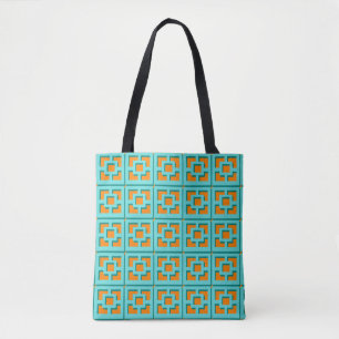 Bolso De Tela Tote retro turquesa y Naranja Trellis