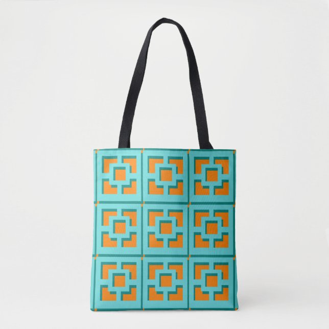 Bolso De Tela Tote retro turquesa y Naranja Trellis (Anverso)