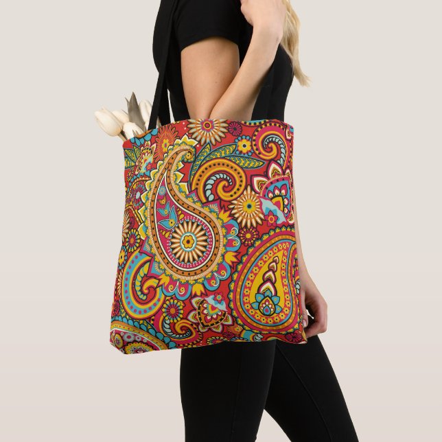 Bolso De Tela Tote rojo del diseño de Paisley (Detalle)