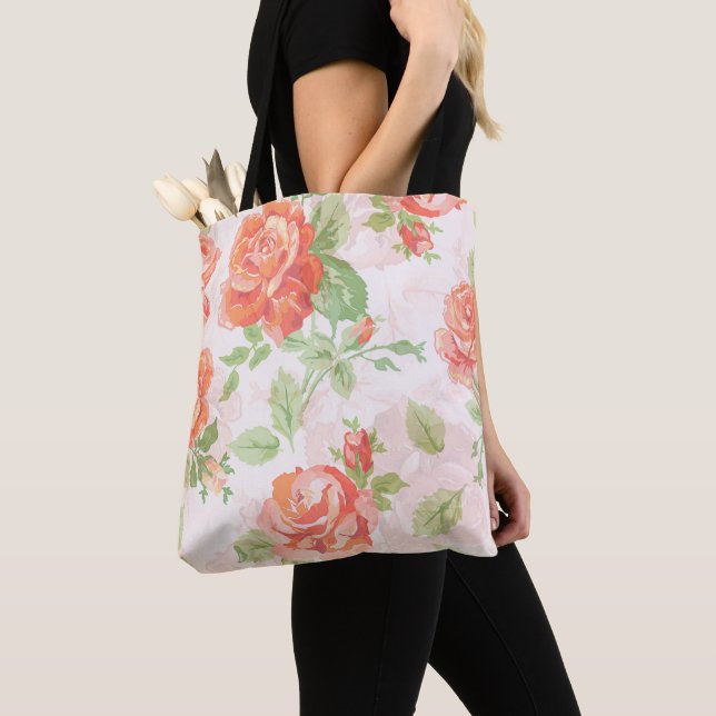 Bolso De Tela tote rosa floral naranja (Detalle)