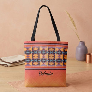 Bolso De Tela Tote Tribal Abstracto Naranja, Púrpura, Amarillo y