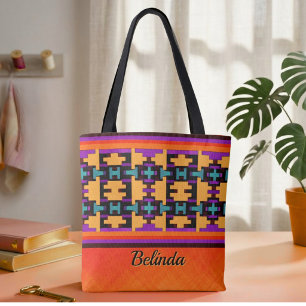 Bolso De Tela Tote Tribal Abstracto Naranja, Púrpura, Amarillo y