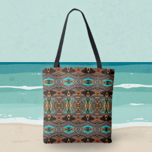 Bolso De Tela Tote Tribal Abstracto Olas Turquesas