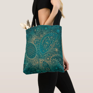 Bolso De Tela Tote turquesa étnico