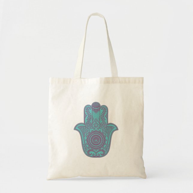 Bolso De Tela Tote verde azulado Hamsa (Frente)