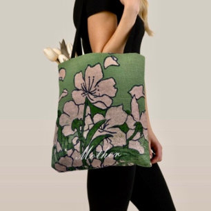 Bolso De Tela Tote verde de flores rosadas